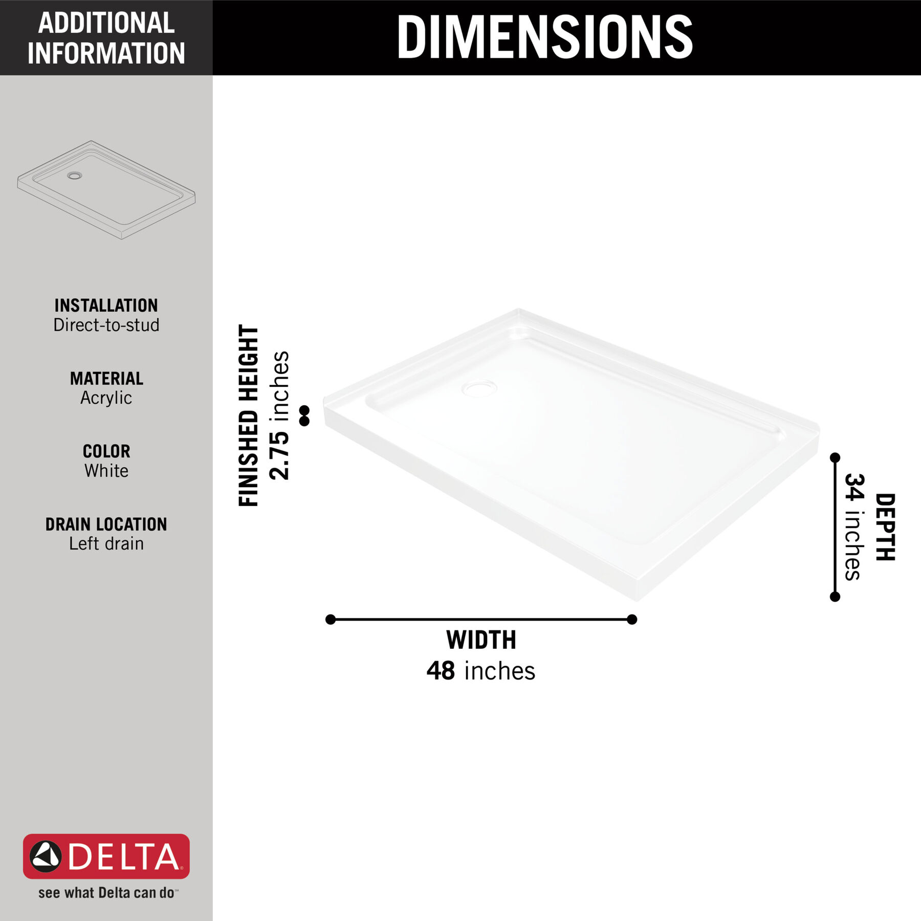 48”x34” Left Drain Corner Shower Base, image 1