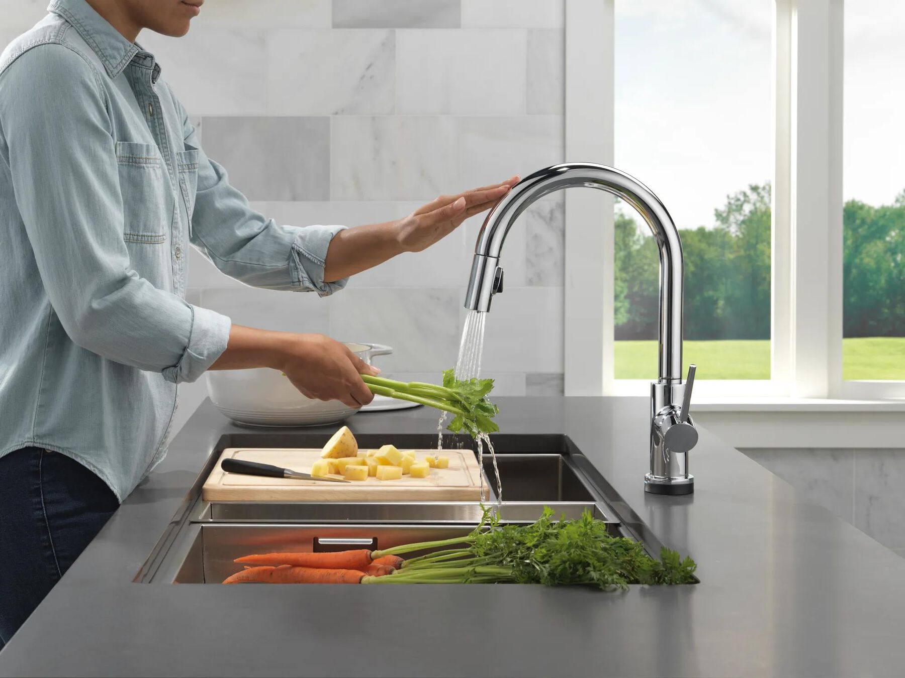 Touch2O with Touchless and VoiceIQ&reg; Technology Single Handle Pull-Down Kitchen Faucet with Soap Dispenser