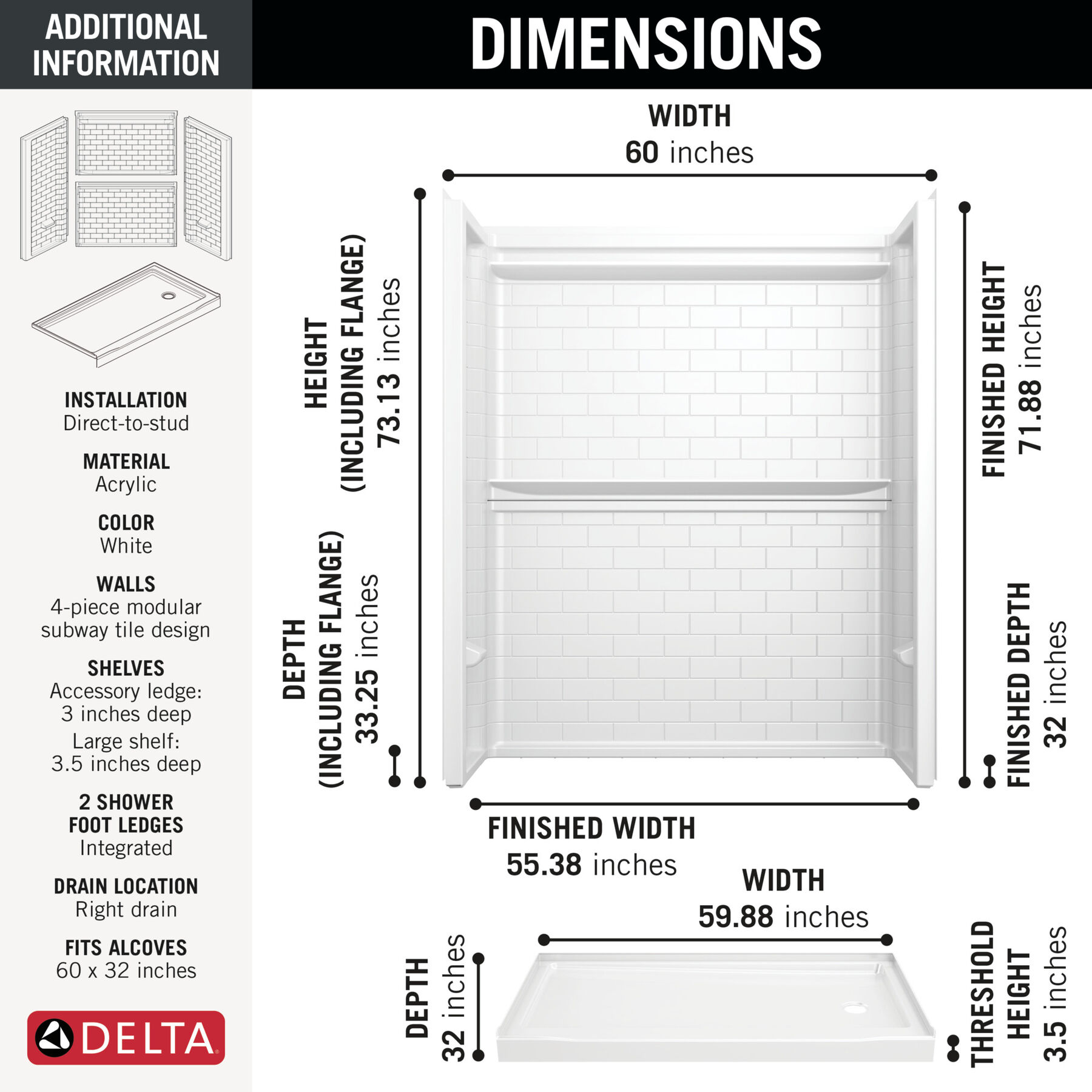 60x32 Alcove Shower Base with Tile Wall Bundle - Right Drain, image 1