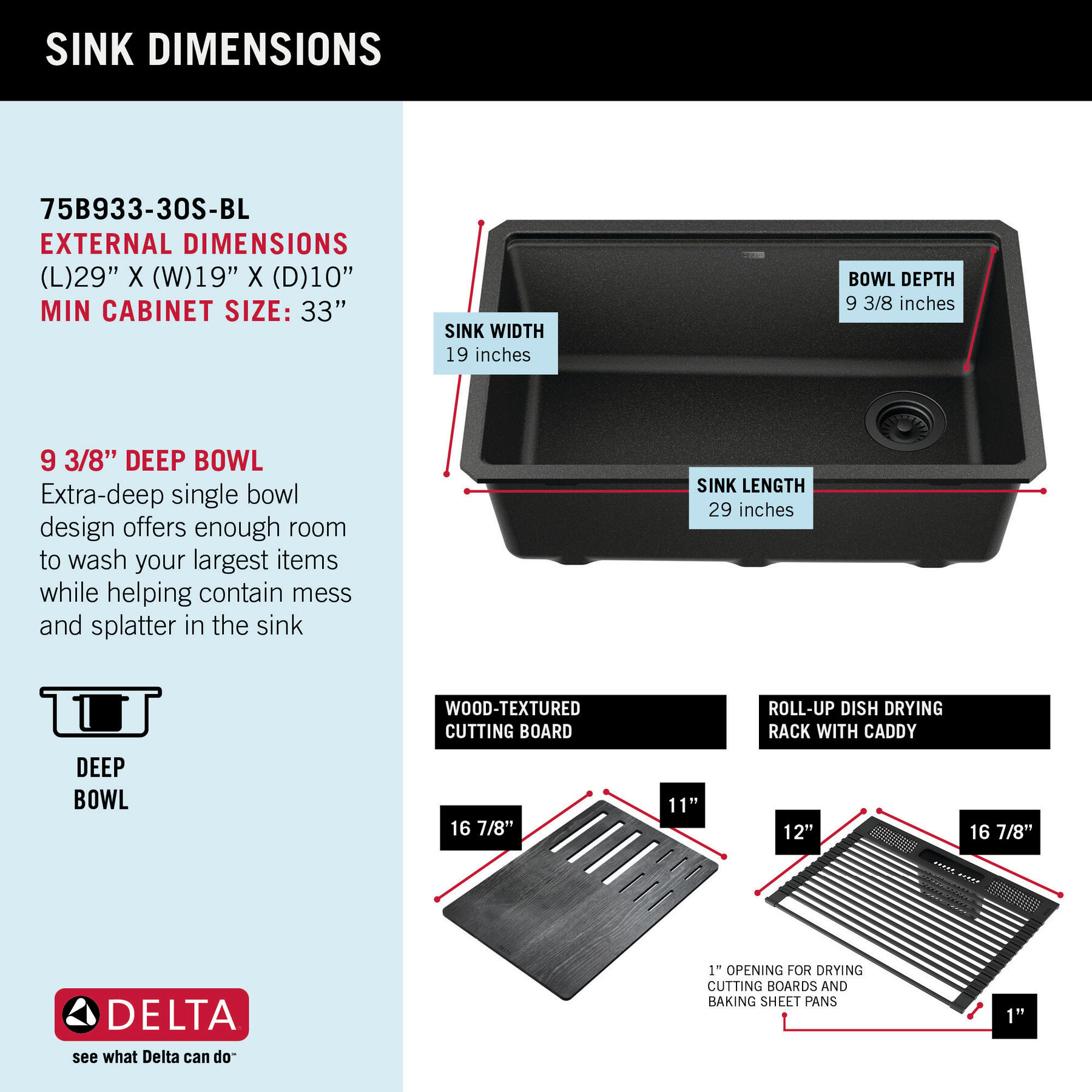 30” Granite Composite Workstation Kitchen Sink Undermount Single Bowl with WorkFlow™ Ledge and Accessories in Metallic Black, image 7
