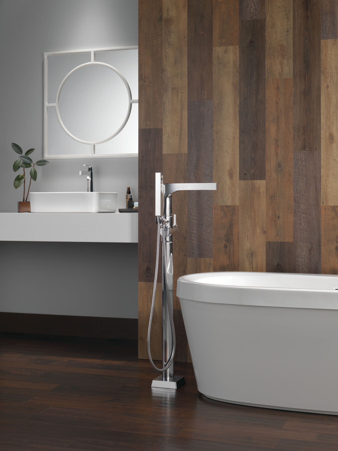 Single Handle Floor Mount Tub Filler Trim with Hand Shower, image 6