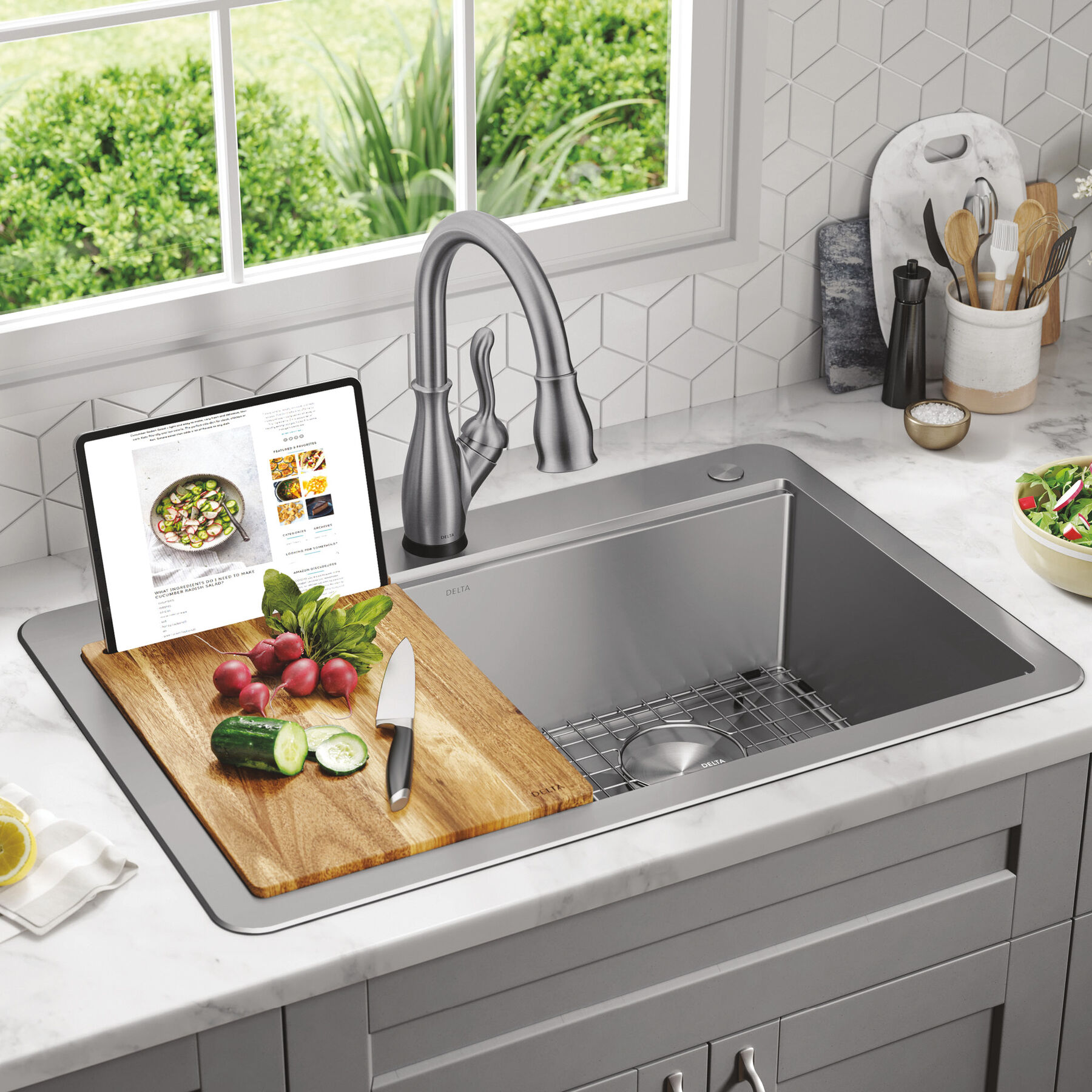 33” Workstation Drop-In Top Mount Double Bowl 16 Gauge Stainless Steel Kitchen Sink with WorkFlow™ Ledge and Accessories, image 15