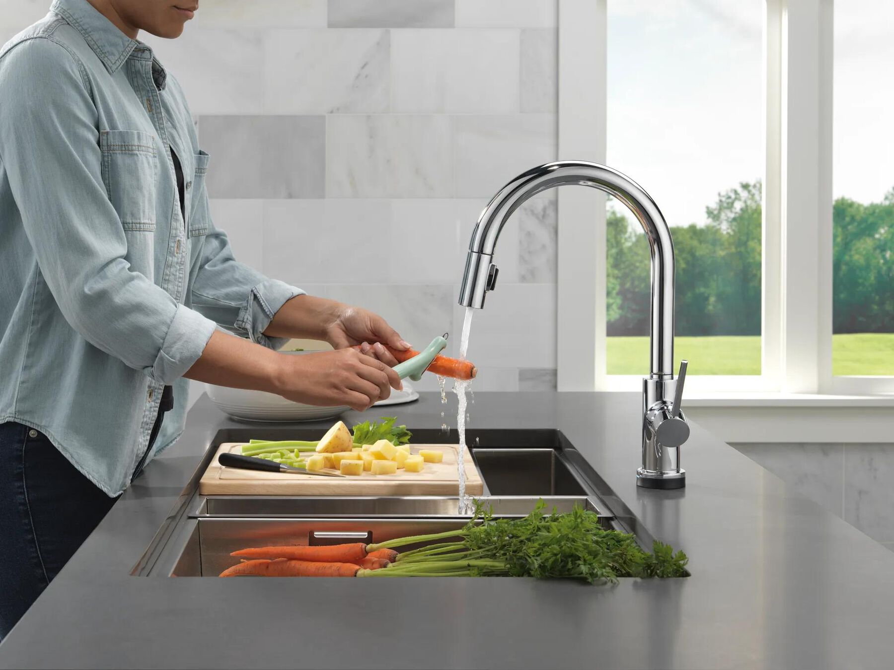 Touch2O with Touchless and VoiceIQ&reg; Technology Single Handle Pull-Down Kitchen Faucet with Soap Dispenser