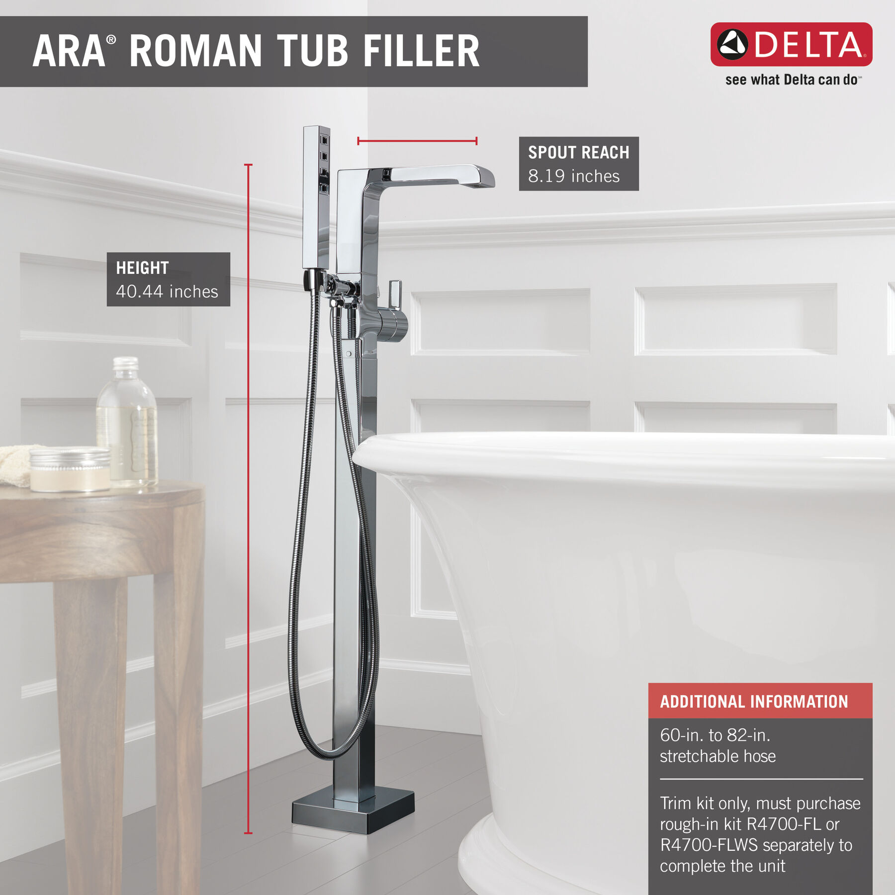 Single Handle Floor Mount Tub Filler Trim with Hand Shower, image 1