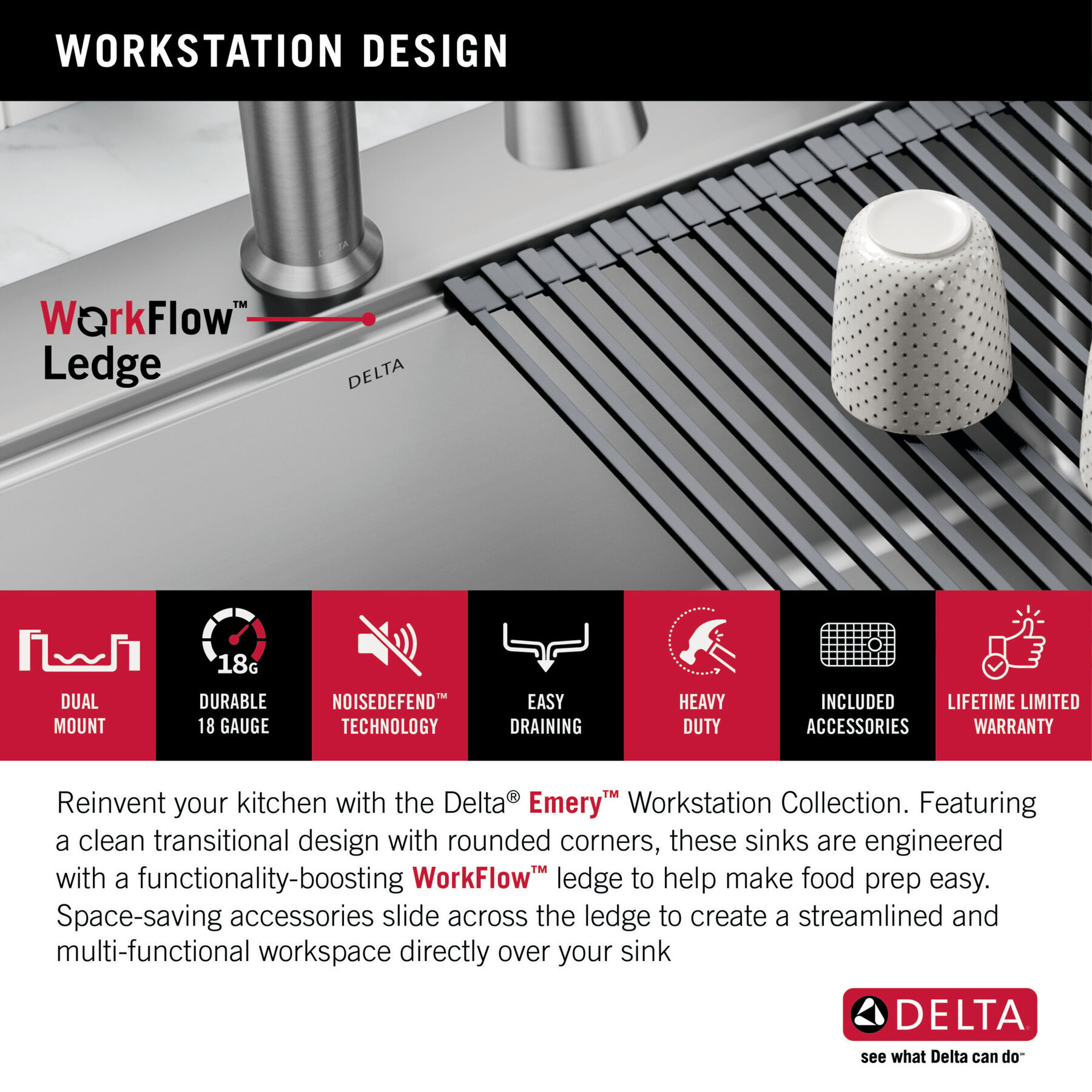 30” Stainless Steel Workstation Kitchen Sink Drop-In Undermount Single Bowl with WorkFlow™ Ledge and Accessories, image 7