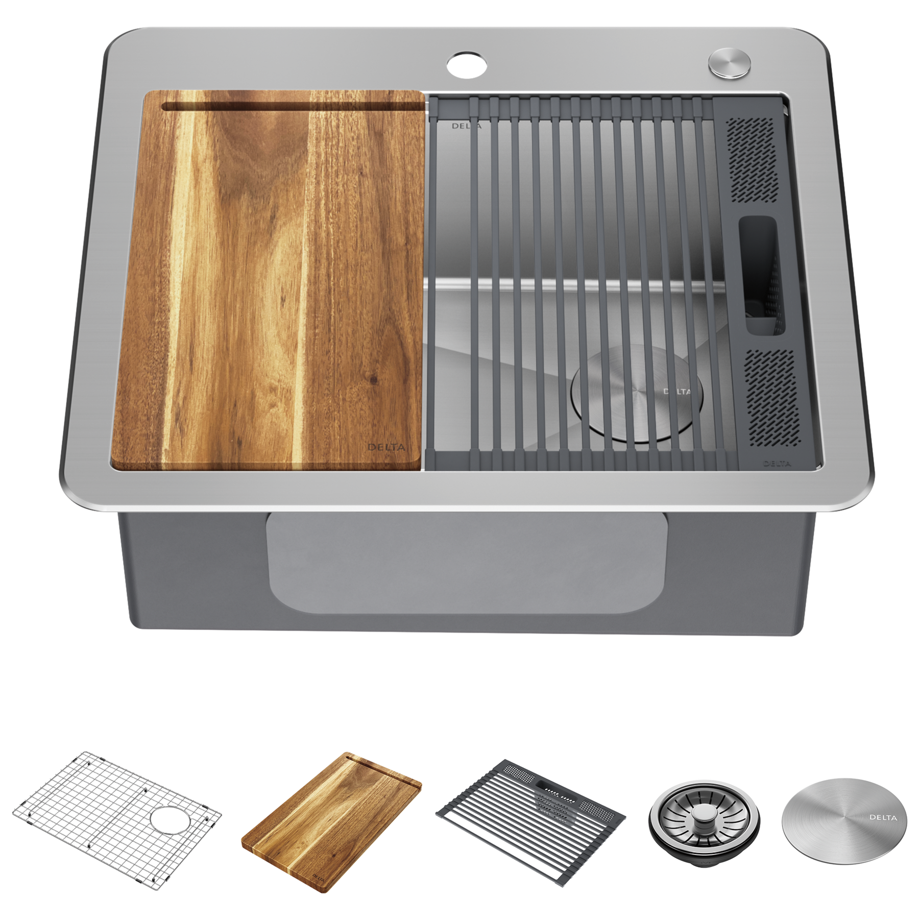 25” Workstation Kitchen Sink Drop-In Top Mount Stainless Steel Single Bowl with WorkFlow™ Ledge and Accessories