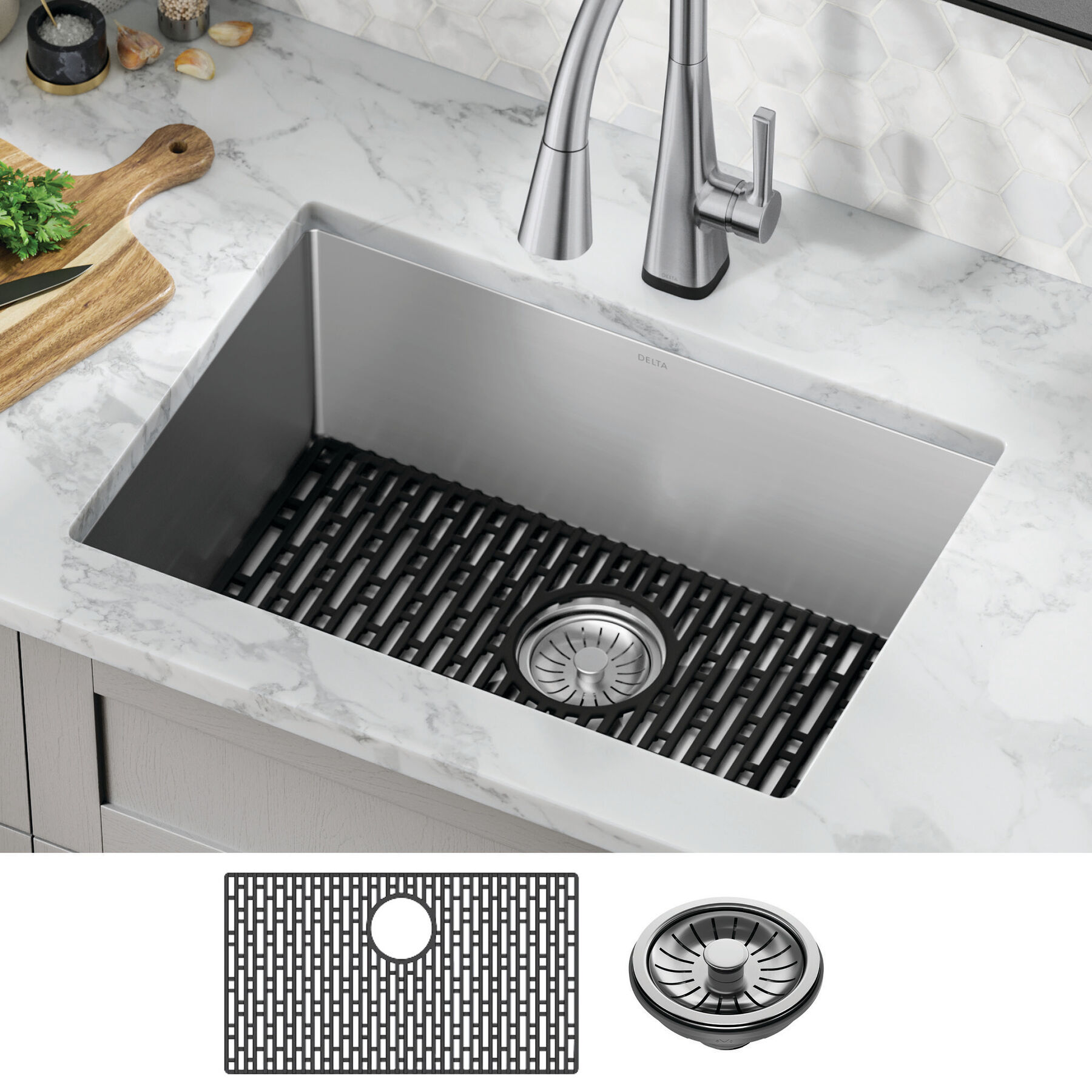 26” Undermount Stainless Steel Single Bowl Kitchen Sink with Accessories, image 10