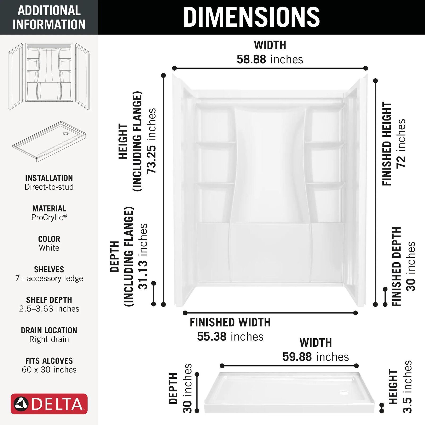 60x30 Alcove Shower Bundle - Right