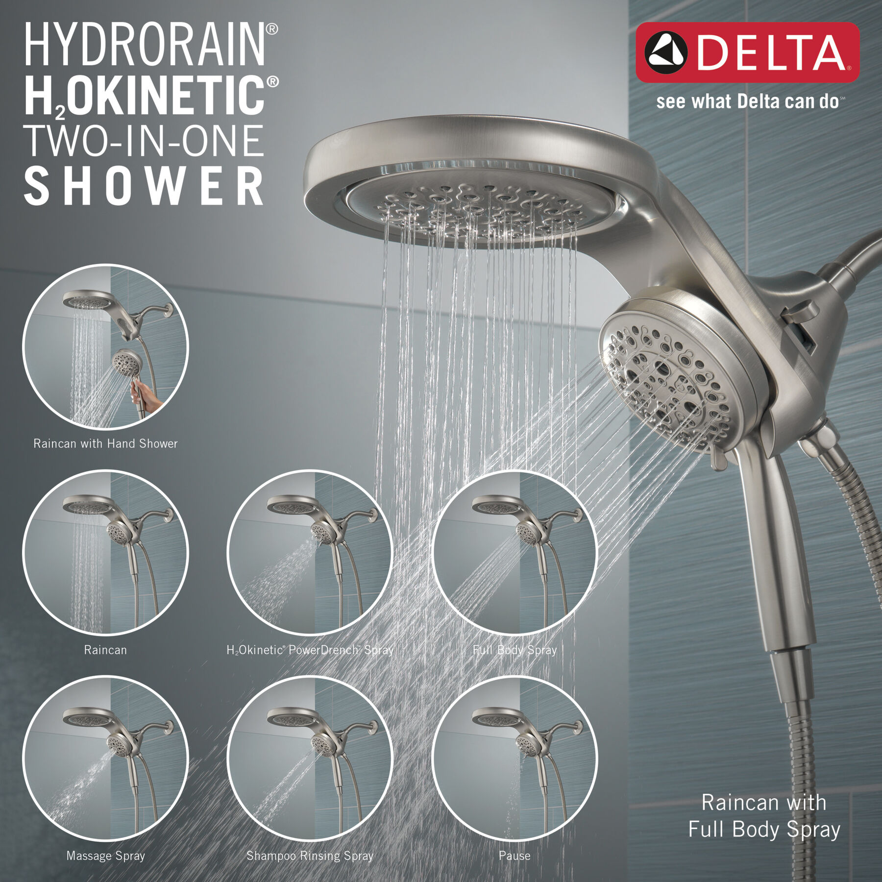 HydroRain&reg; H2Okinetic&reg; 5-Setting Two-in-One Shower Head (Recertified)