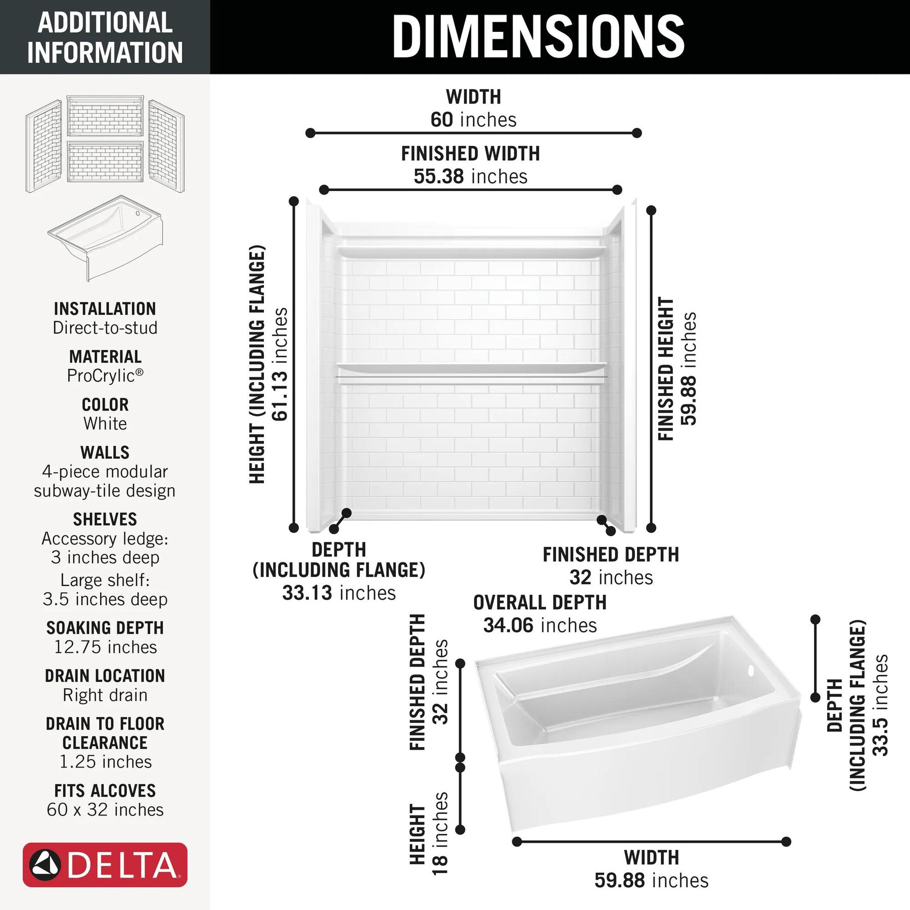 60x32 Alcove Bathtub with Tile Wall Bundle - Right Drain Curve