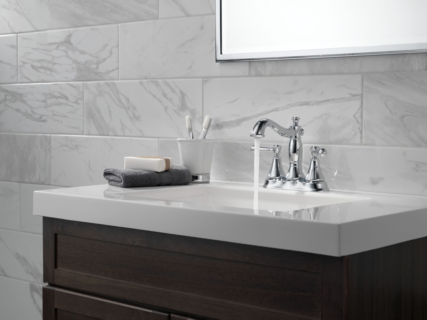 Two Handle Centerset Bathroom Faucet - Metal Pop-Up