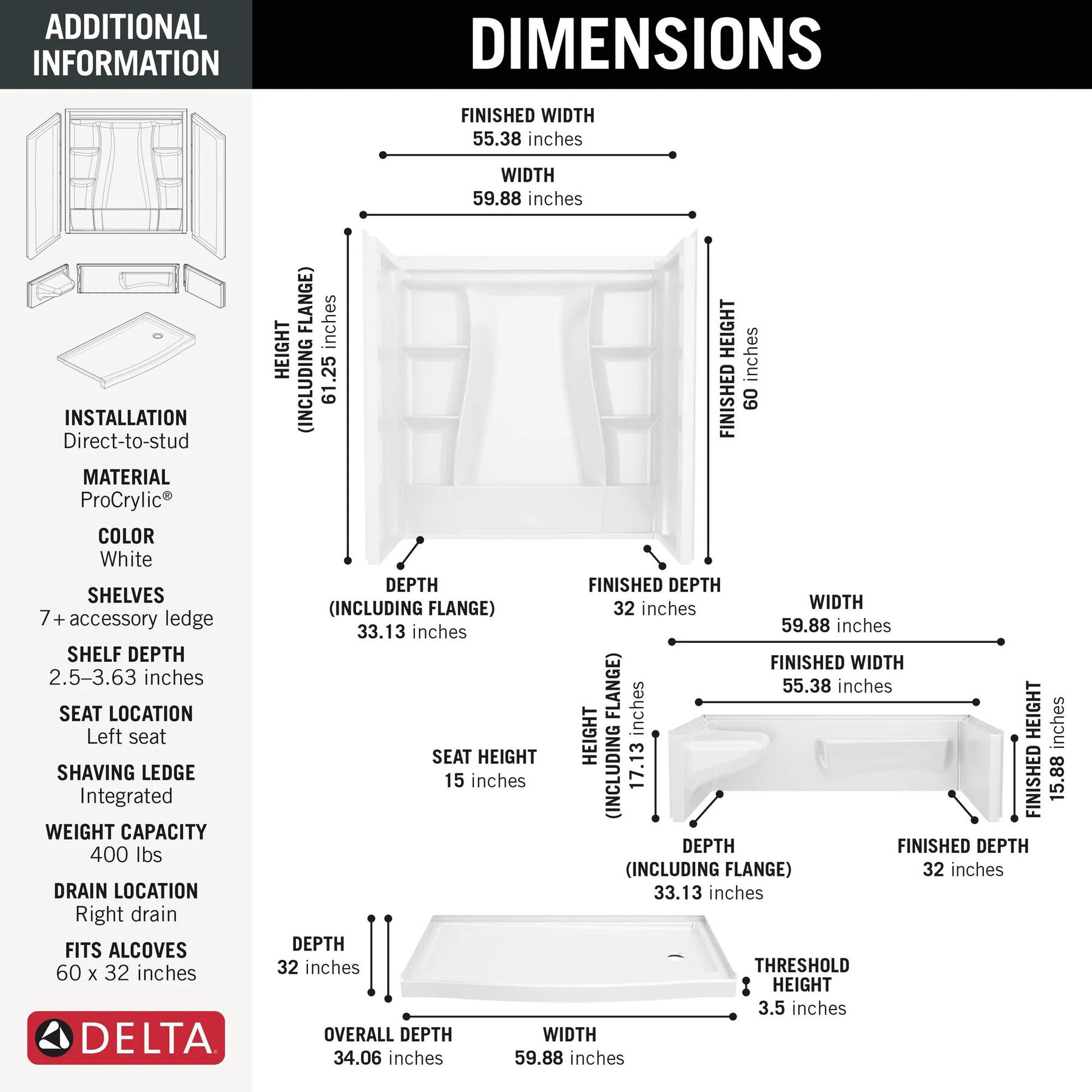 60x32 Alcove Shower Bundle - Left Seat Right Drain Curve
