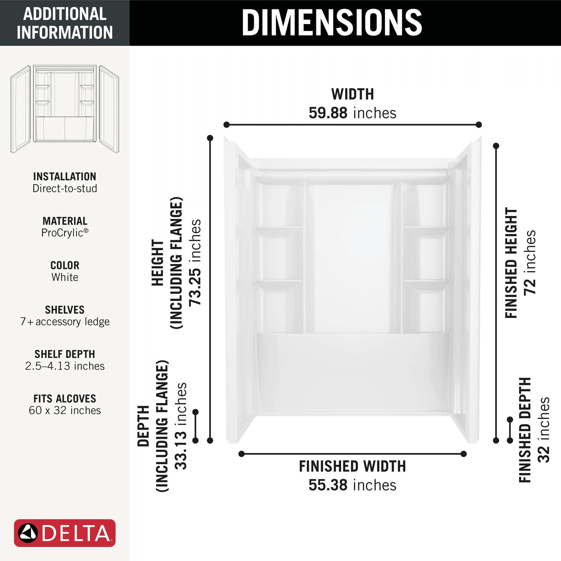 60x32 Alcove Shower Bundle with Trim and Drain - Left Drain