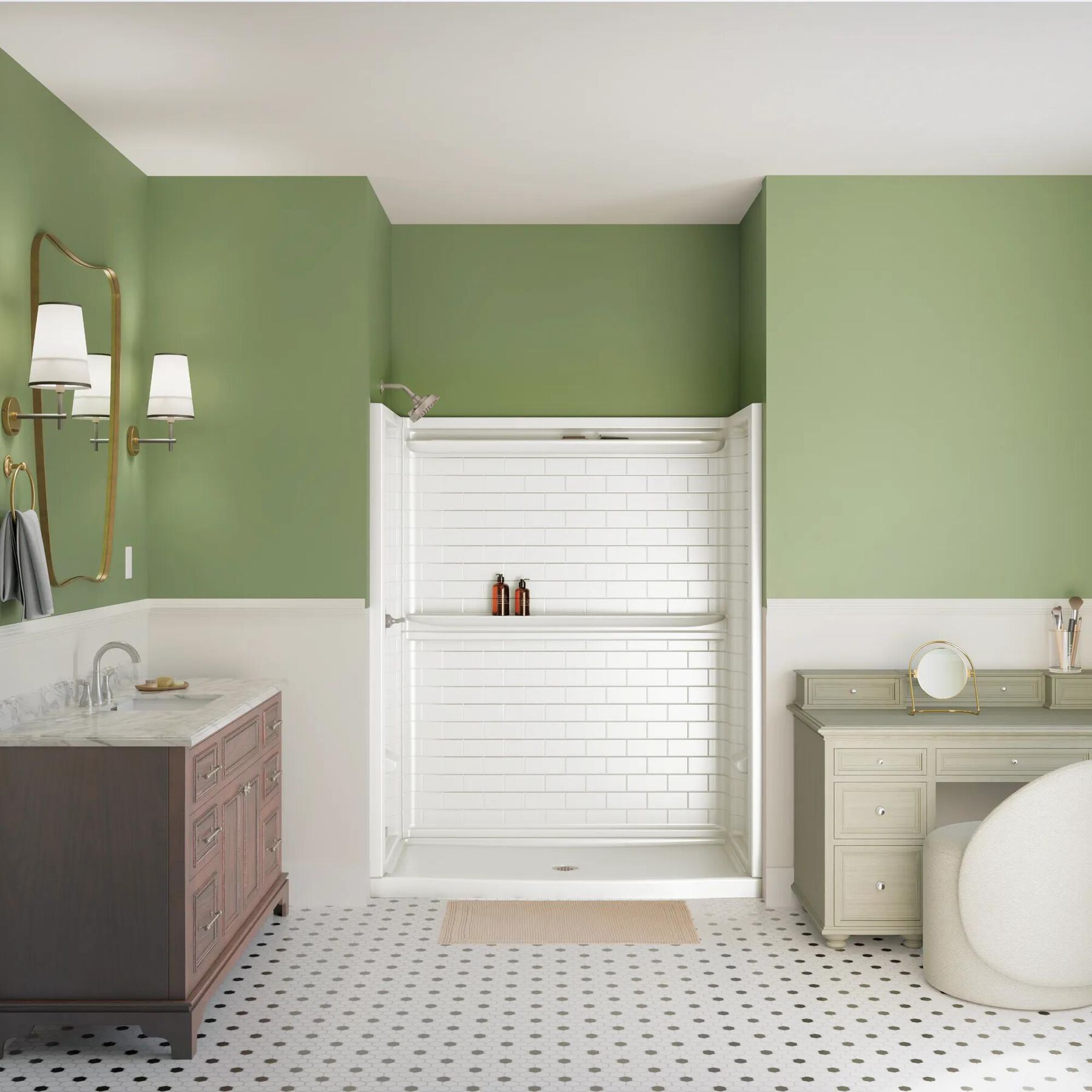 60x32 Alcove Shower Base with Tile Wall Bundle - Center Drain Curve