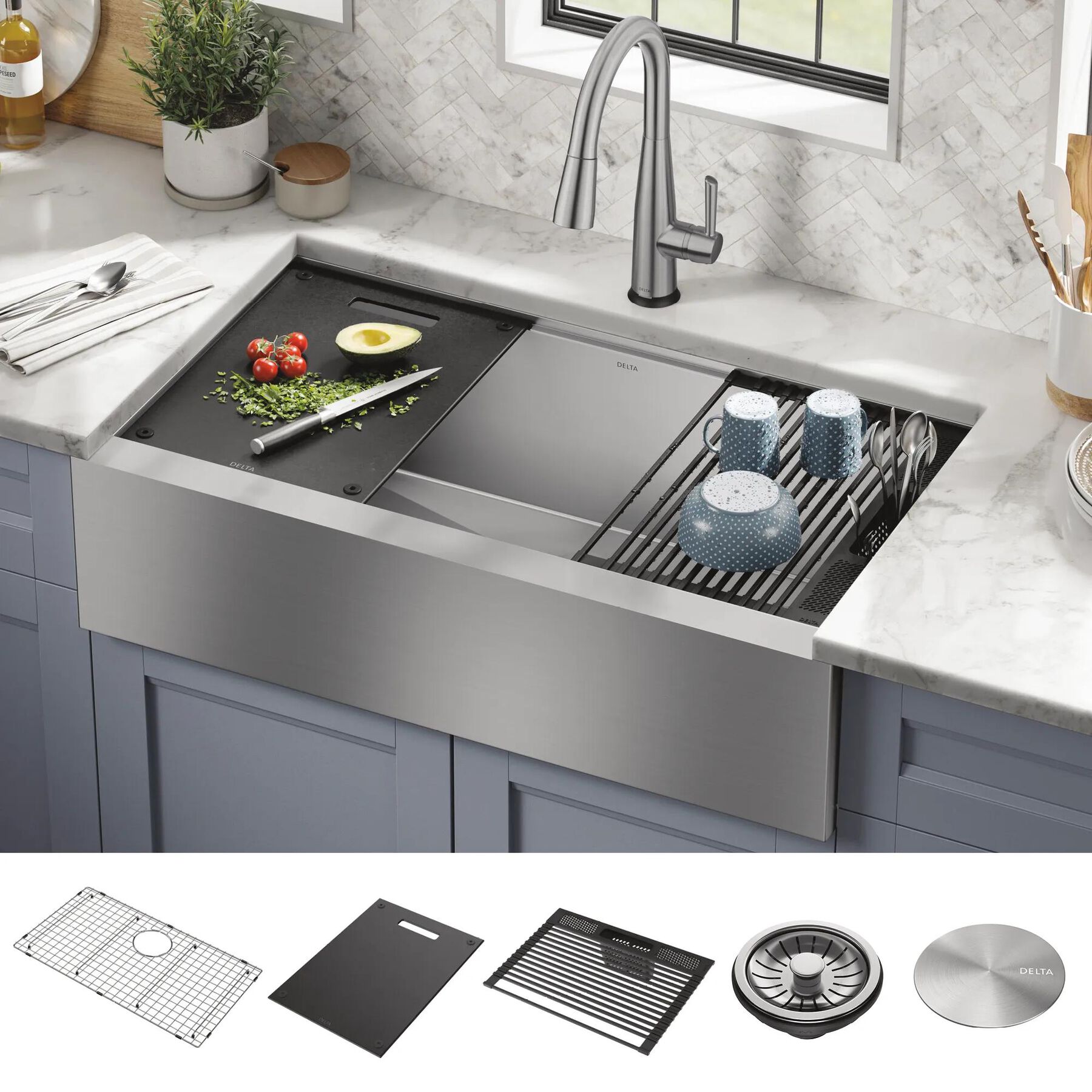 36&rdquo; Workstation Undermount&nbsp;Single Bowl&nbsp;16 Gauge Stainless Steel&nbsp;Farmhouse Apron Front Kitchen Sink&nbsp;with&nbsp;WorkFlow&trade; Ledge and Accessories