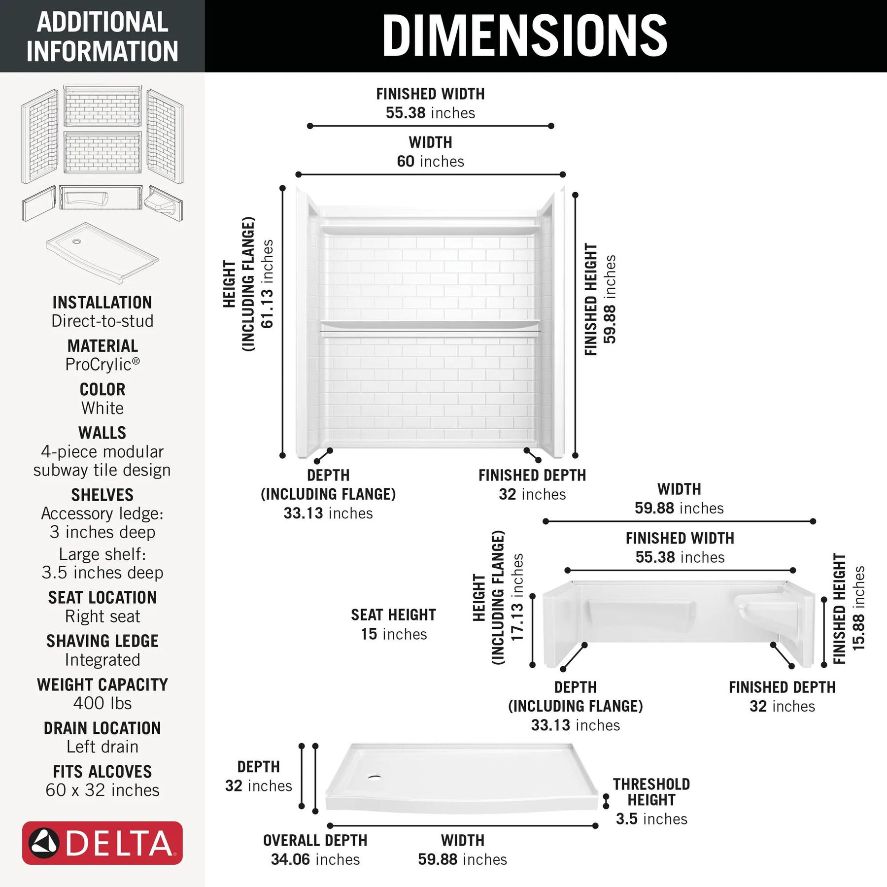 60x32 Alcove Shower Base with Tile Wall Bundle  - Right Seat Left Drain Curve