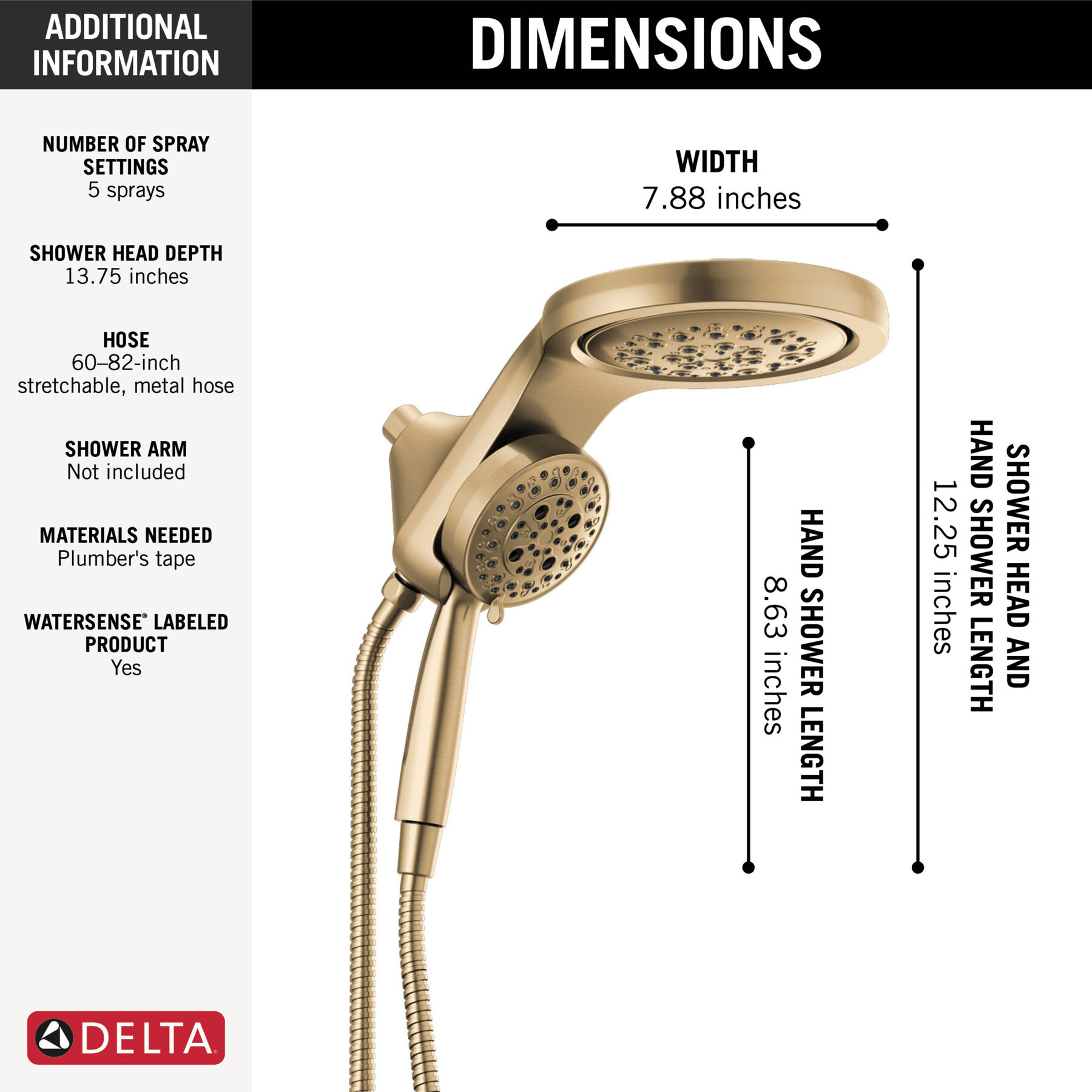 HydroRain&reg; H<sub>2</sub>Okinetic&reg; 5-Setting Two-in-One Shower Head (Recertified)