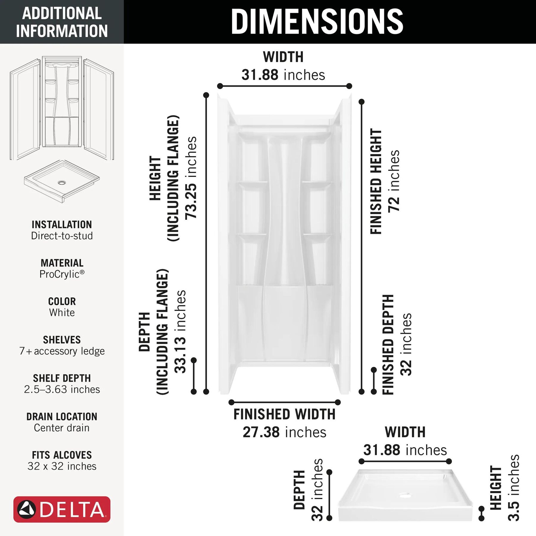 32x32 Alcove Shower Bundle - Center