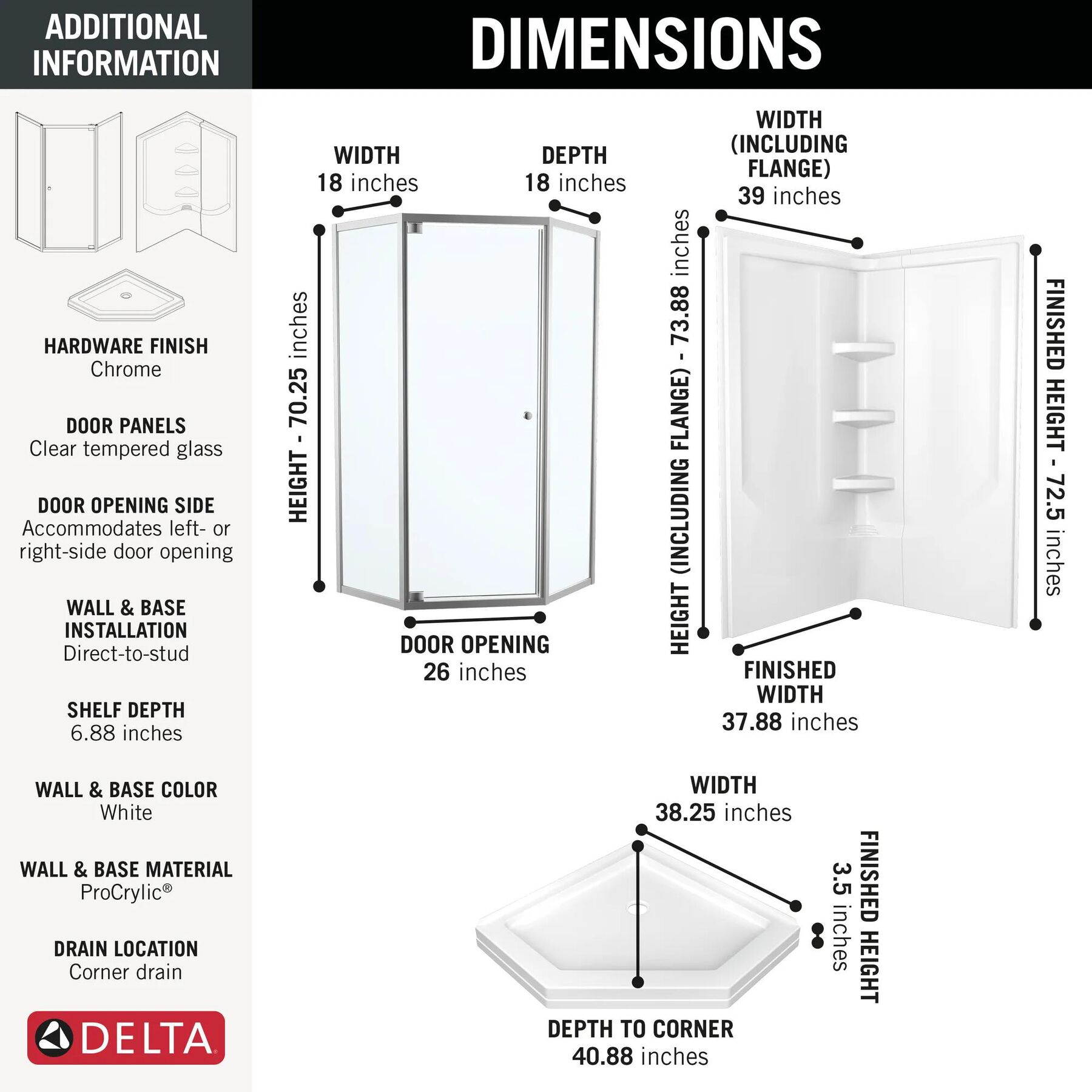 38x38 Corner Shower Bundle with Door - Framed Neo with Direct-to-Stud Wall Set
