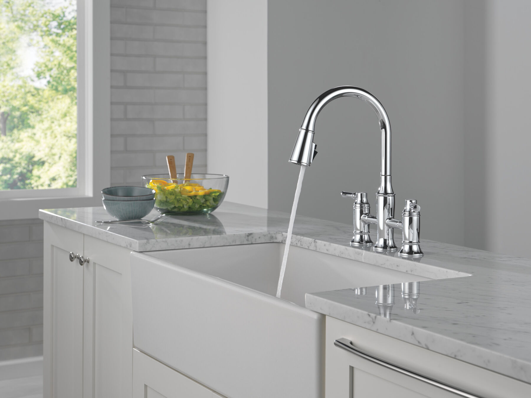 Two Handle Pull-Down Bridge Kitchen Faucet