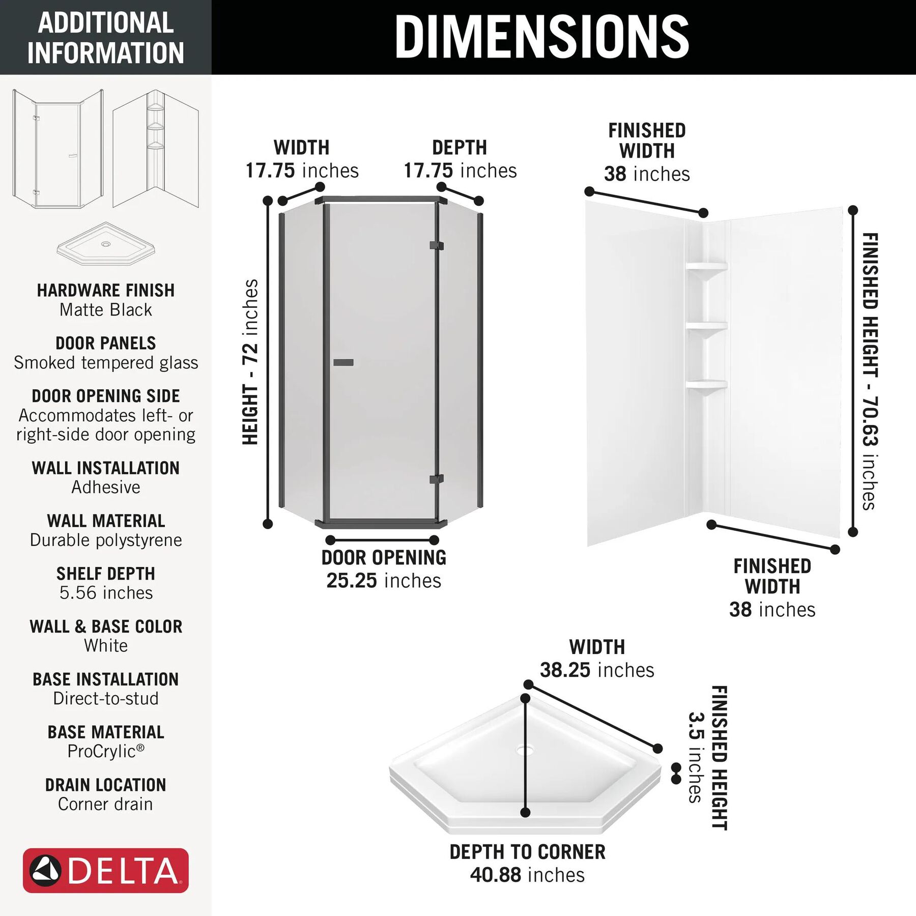 38x38 Corner Shower Bundle with Door - Classic Neo with Glue Up Wall Set