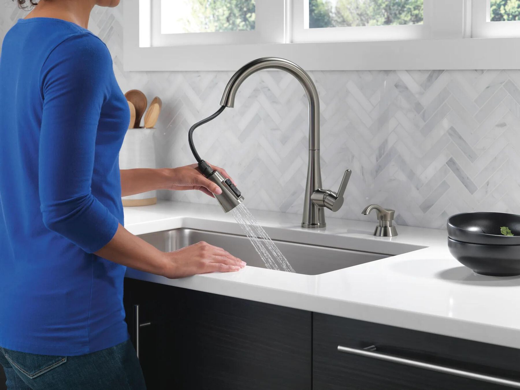 Single Handle Pull-Down Kitchen Faucet with Soap Dispenser and ShieldSpray&reg; Technology