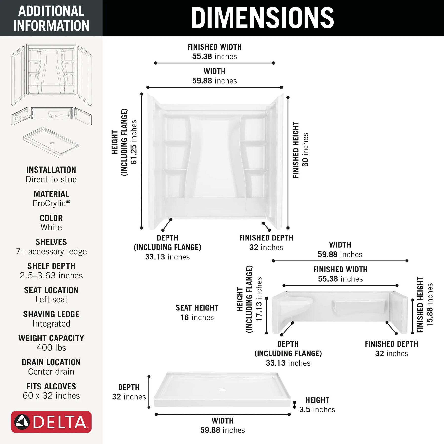60x32 Alcove Shower Bundle  - Left Seat Center Drain