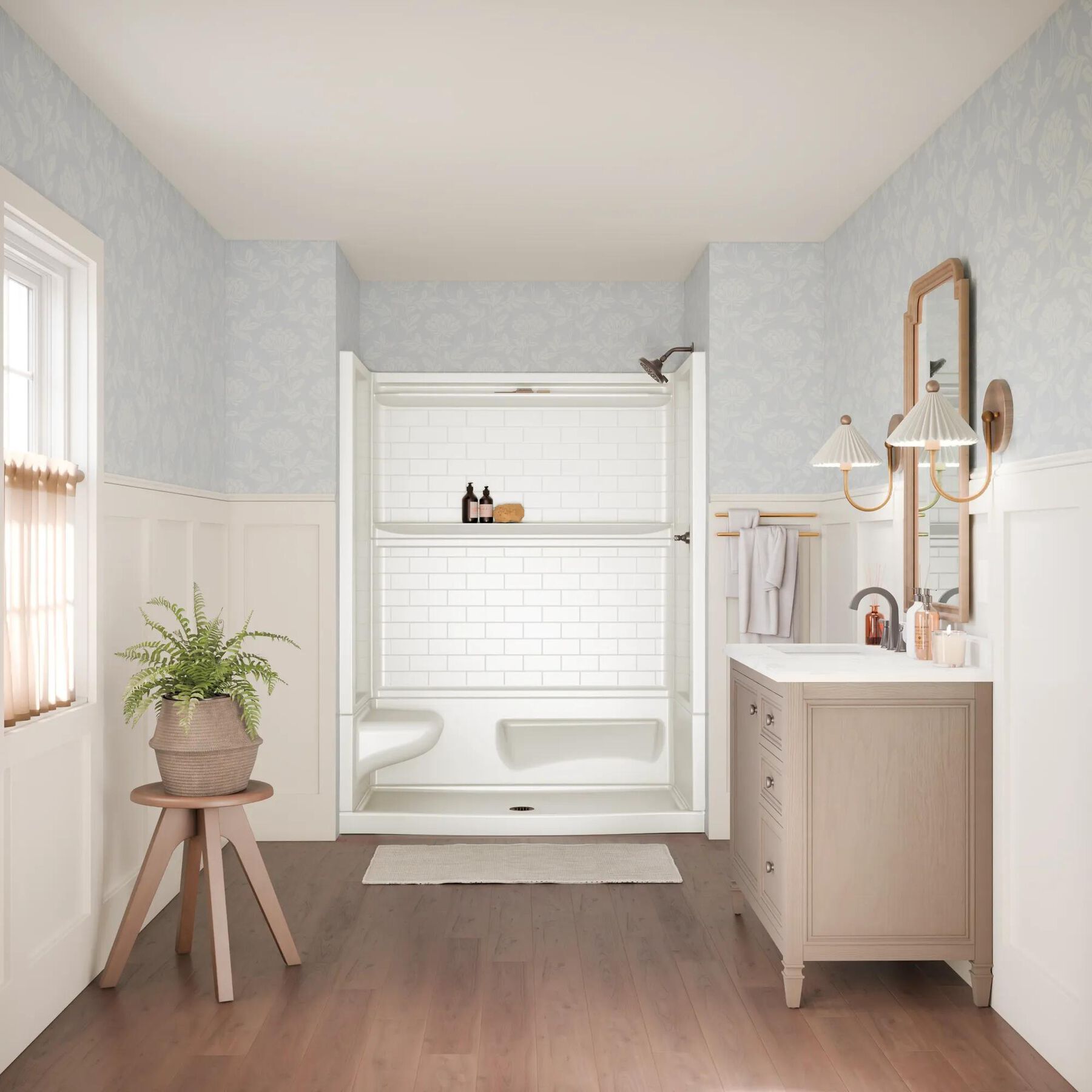 60x32 Alcove Shower Base with Tile Wall Bundle  - Left Seat Center Drain Curve