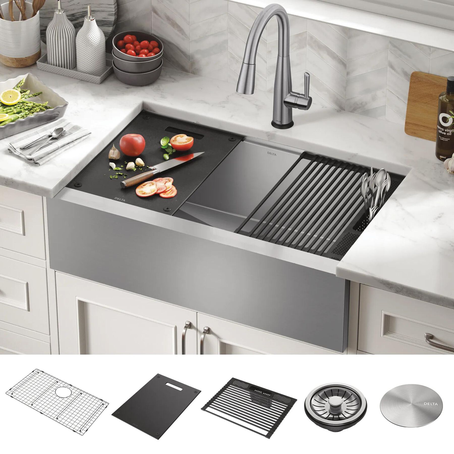 33&rdquo; Workstation Undermount&nbsp;Single Bowl&nbsp;16 Gauge Stainless Steel&nbsp;Farmhouse Apron Front Kitchen Sink&nbsp;with&nbsp;WorkFlow&trade; Ledge and Accessories