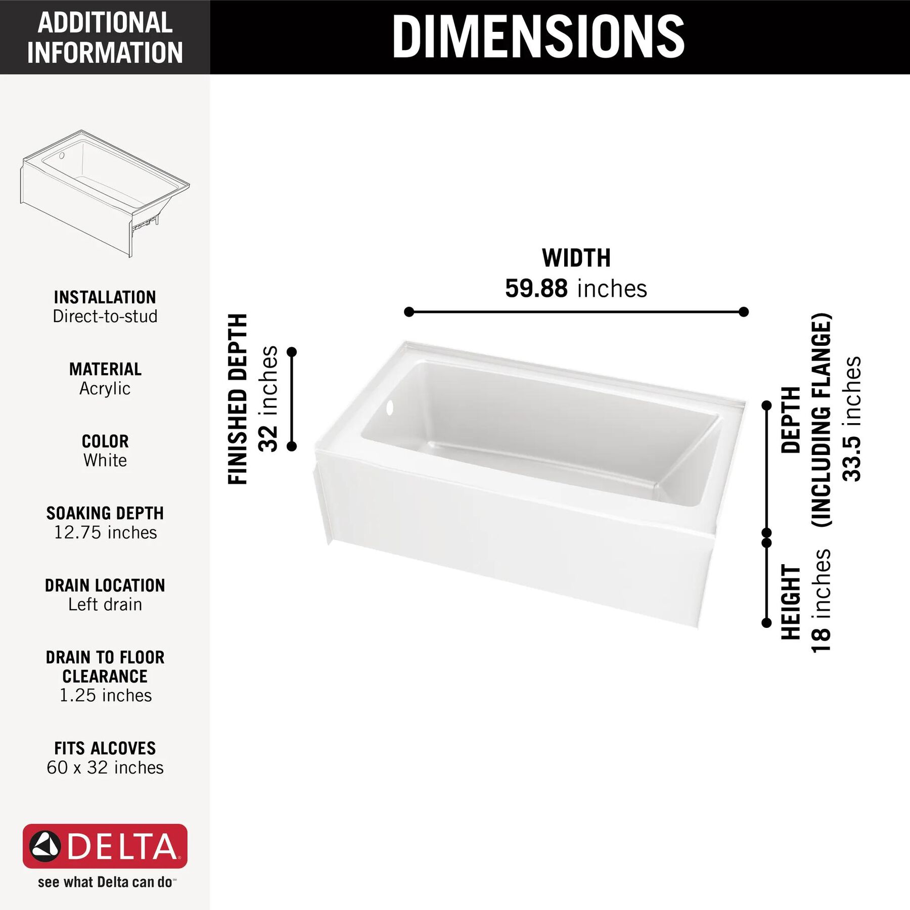 EverEdge Bathtub 60"x32" Left Drain
