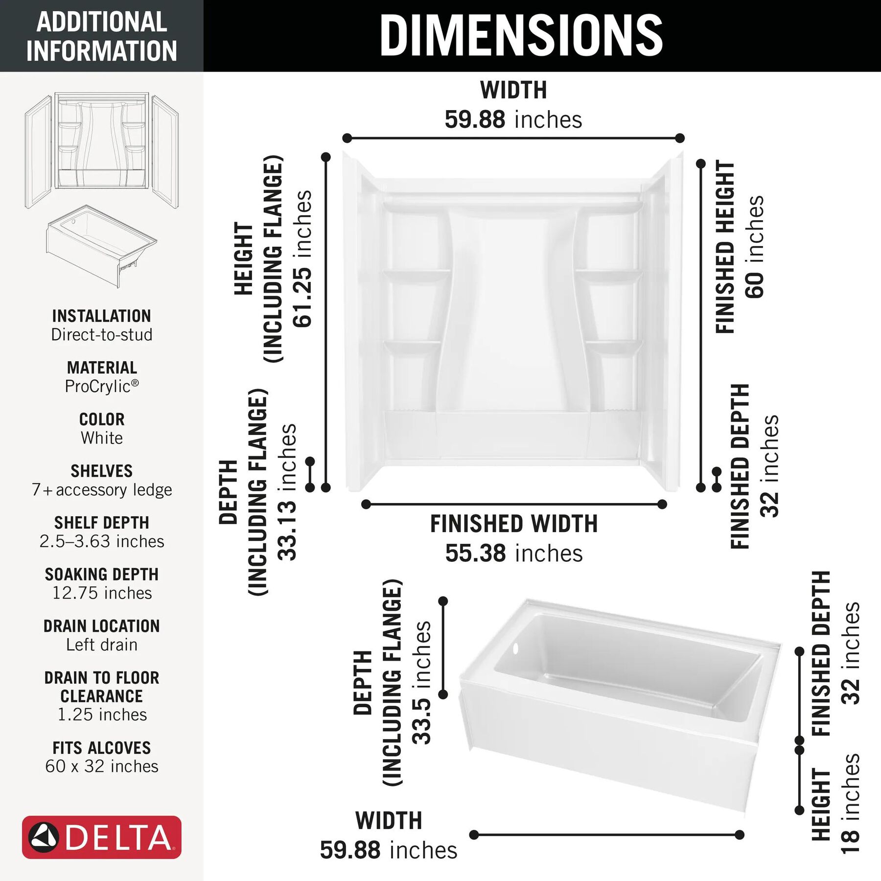 60x32 Alcove Bathtub Bundle - Left