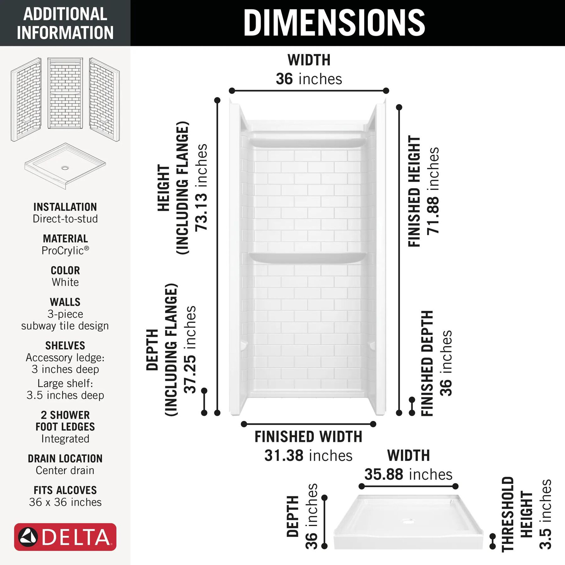 36x36 Alcove Shower Base with Tile Wall Bundle - Center Drain