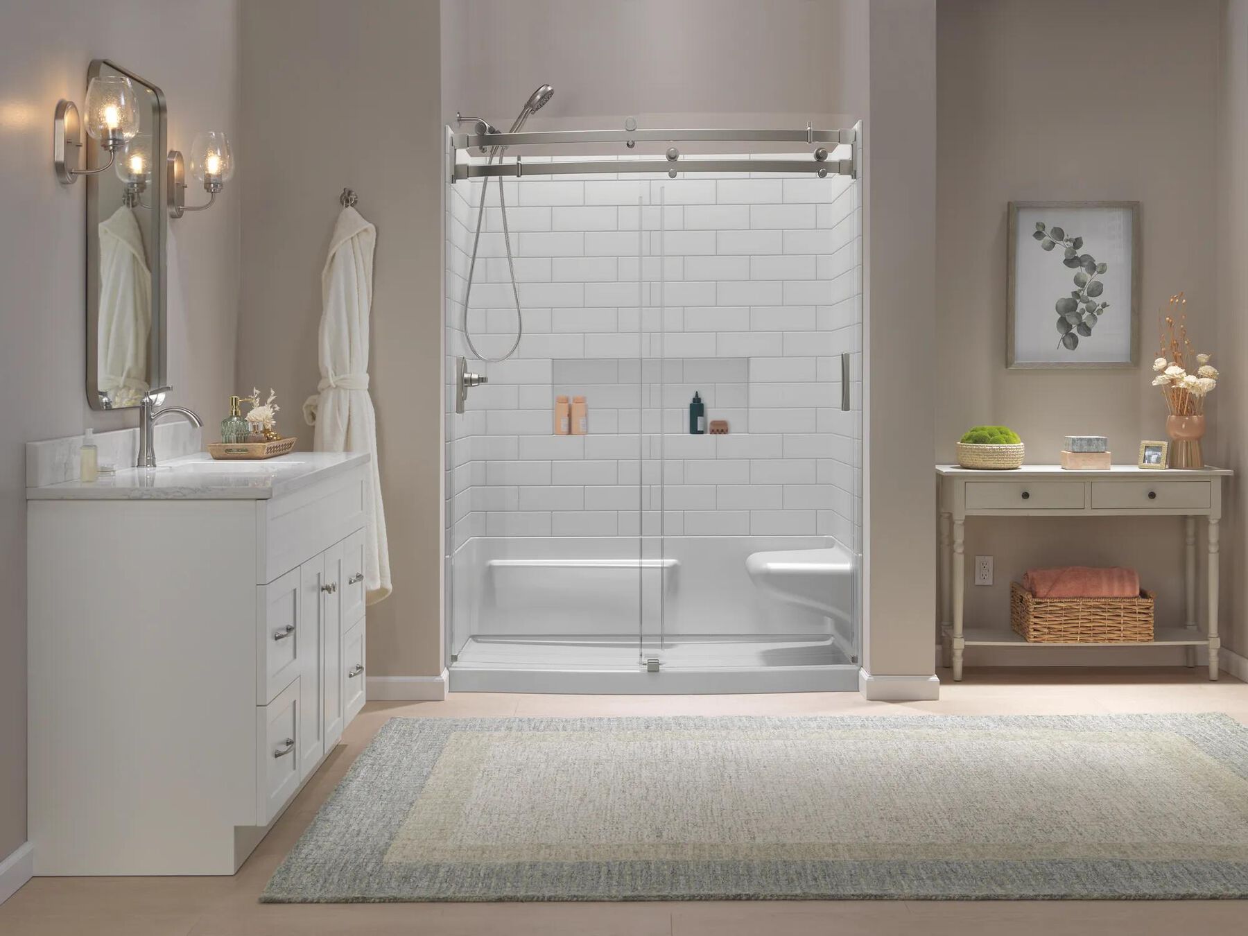 60x32 Alcove Shower Base with Door Bundle - Right Seat Center Drain Curve