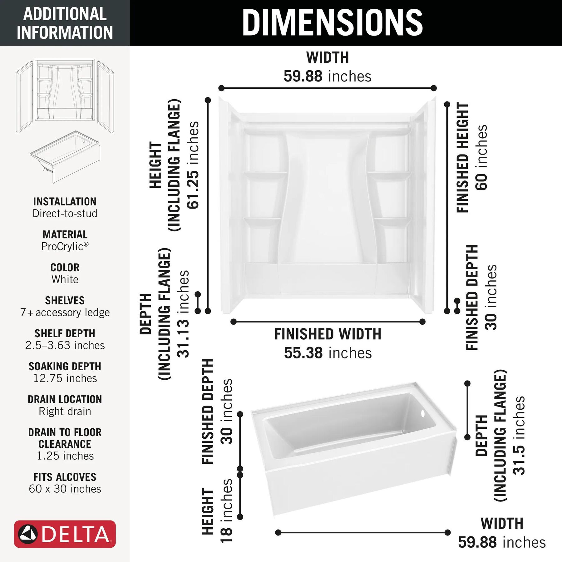 60x30 Alcove Bathtub Bundle - Right