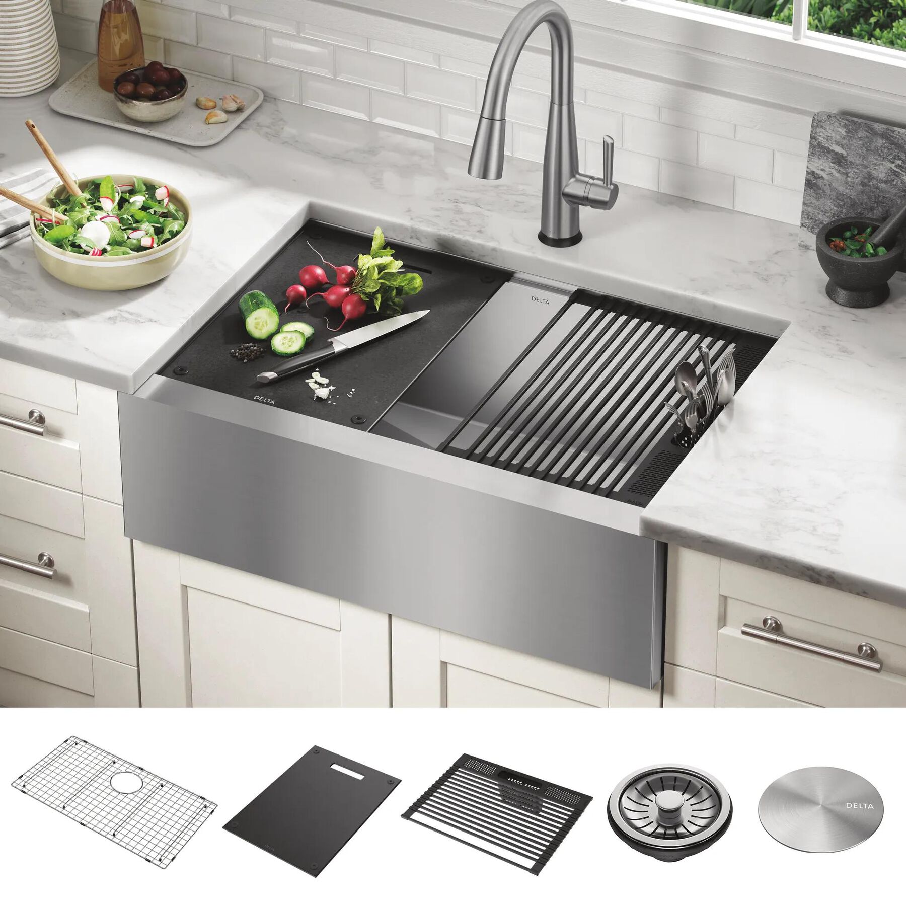 30&rdquo; Workstation Undermount&nbsp;Single Bowl&nbsp;16 Gauge Stainless Steel&nbsp;Farmhouse Apron Front Kitchen Sink&nbsp;with&nbsp;WorkFlow&trade; Ledge and Accessories