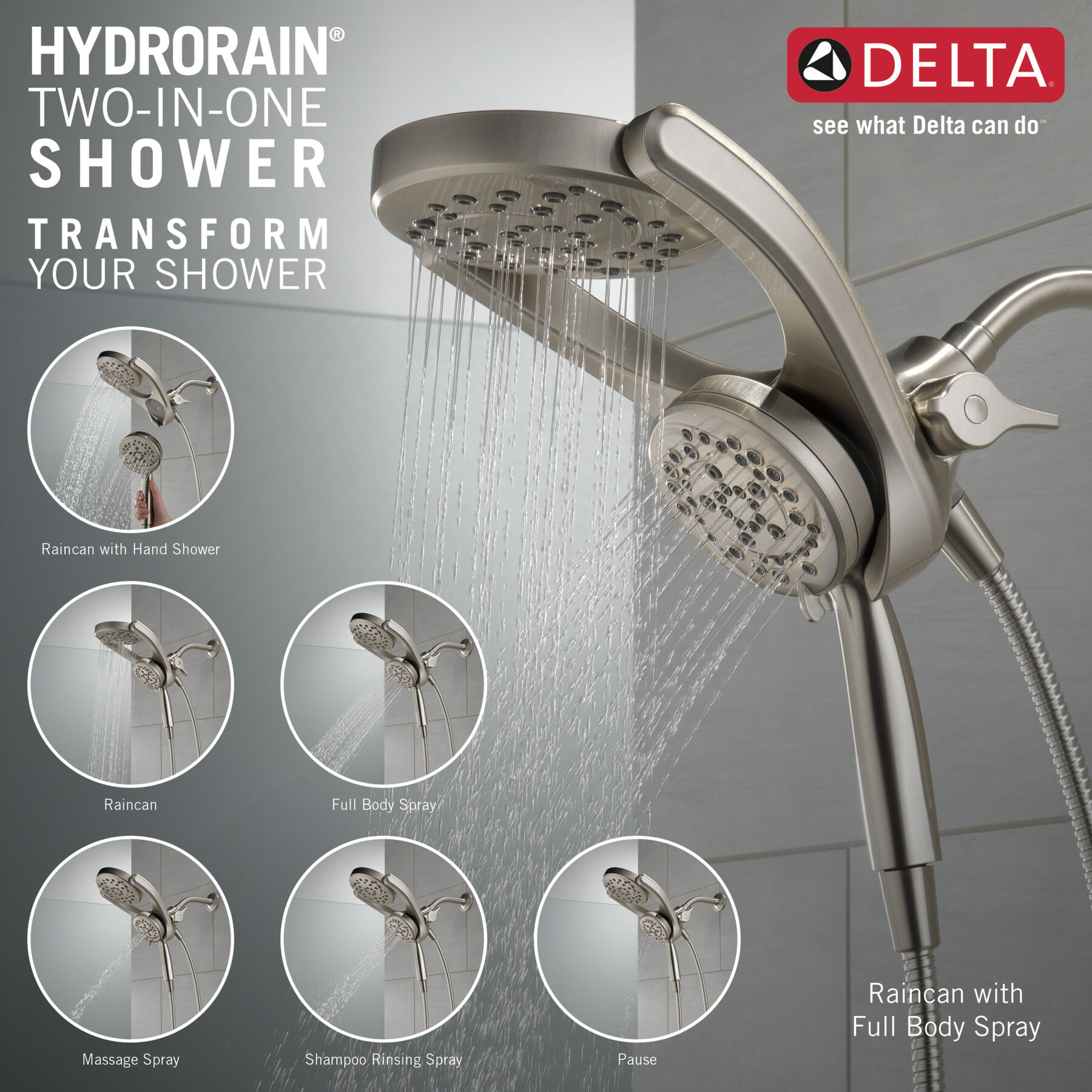 HydroRain&reg; 4-Setting Two-in-One Shower Head (Recertified)