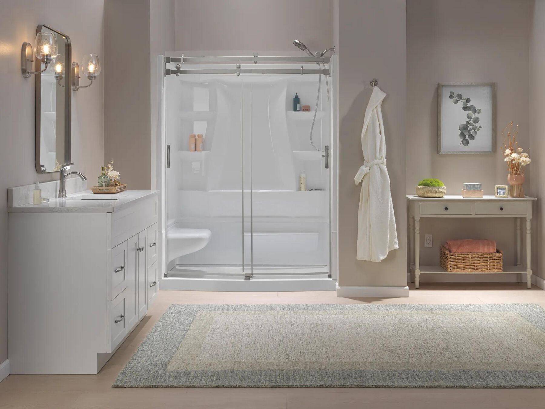 60x32 Alcove Shower Bundle with Door - Left Seat Center Drain Curve