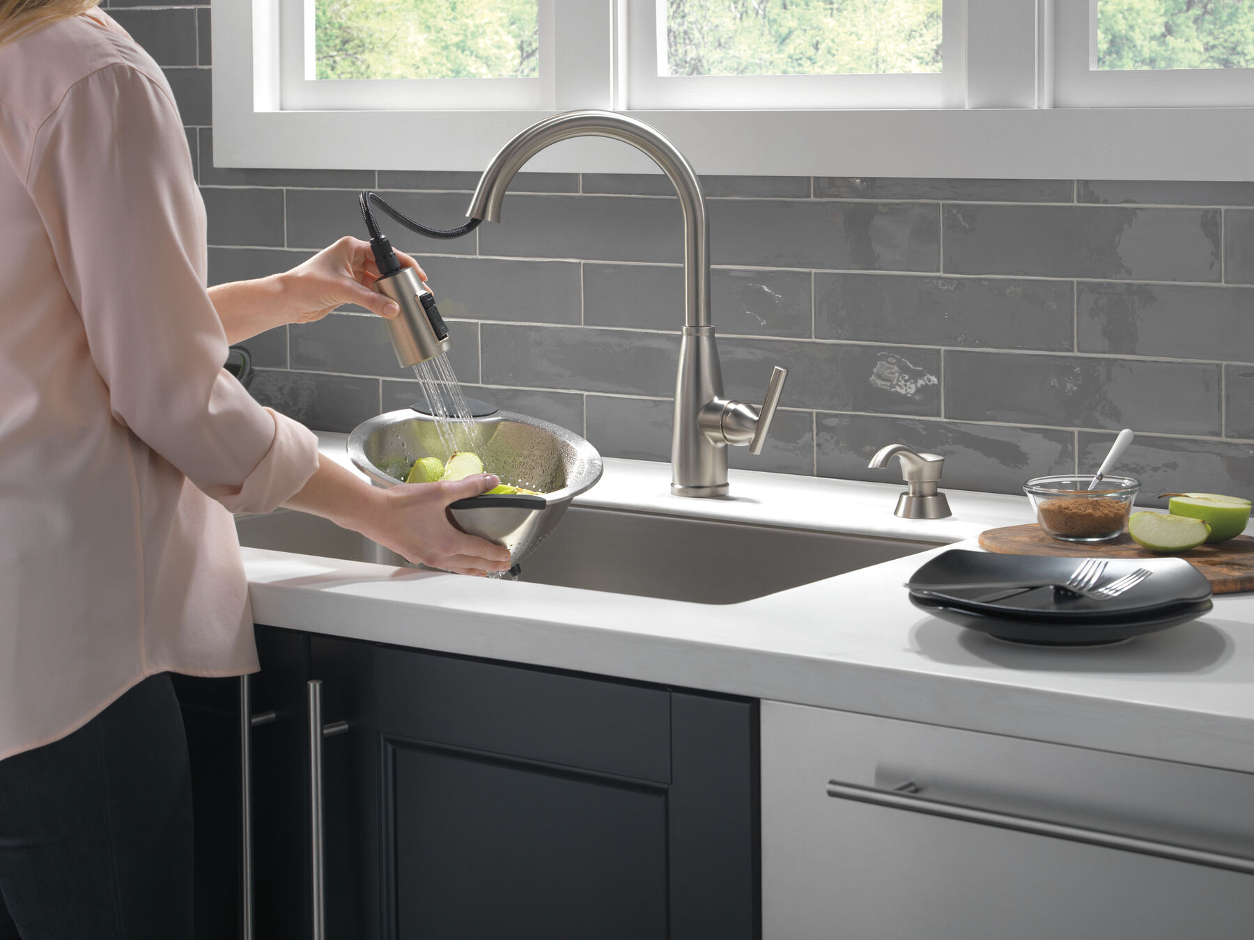 Single Handle Pull-Down Kitchen Faucet with Soap Dispenser and ShieldSpray Technology