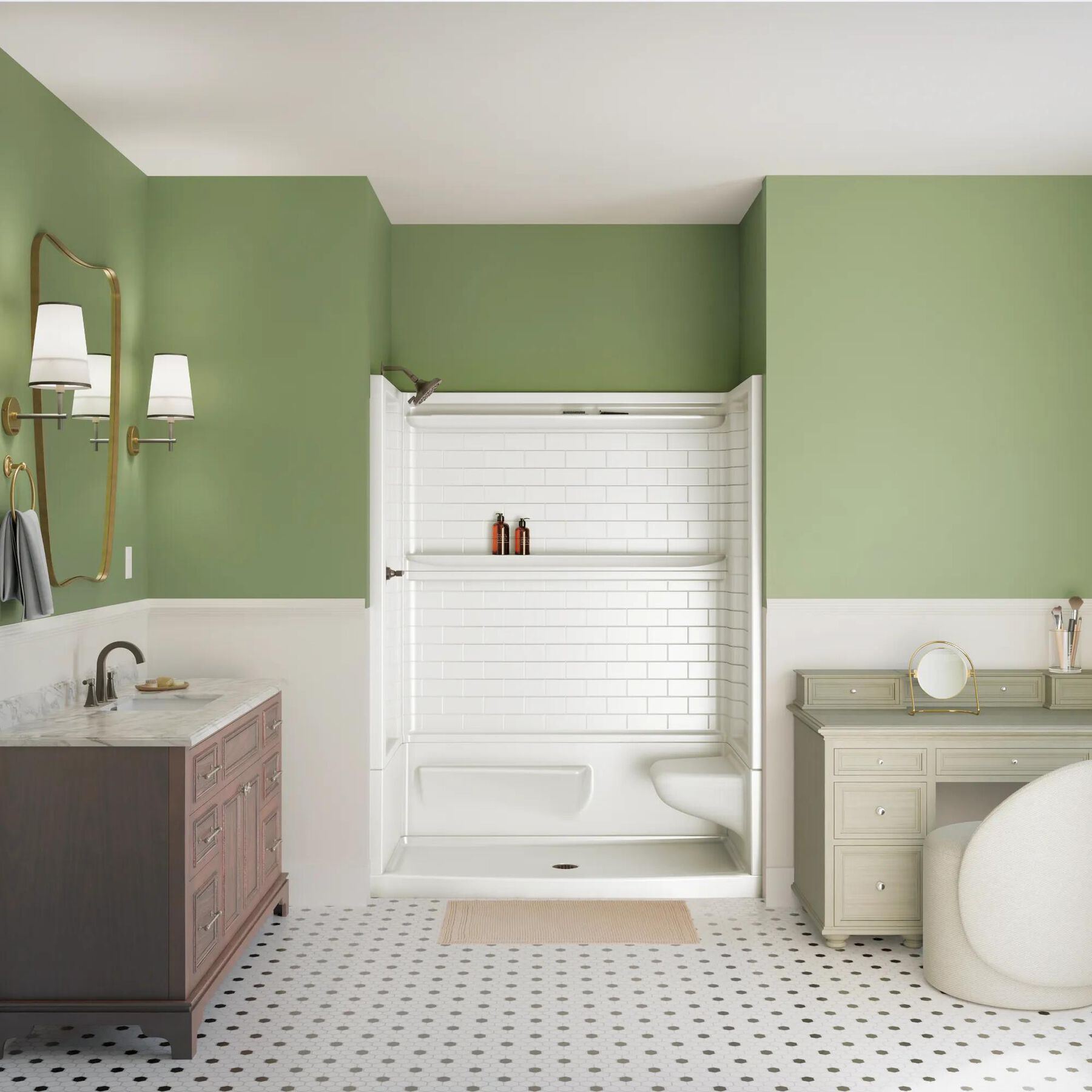 60x32 Alcove Shower Base with Tile Wall Bundle  - Right Seat Center Drain Curve