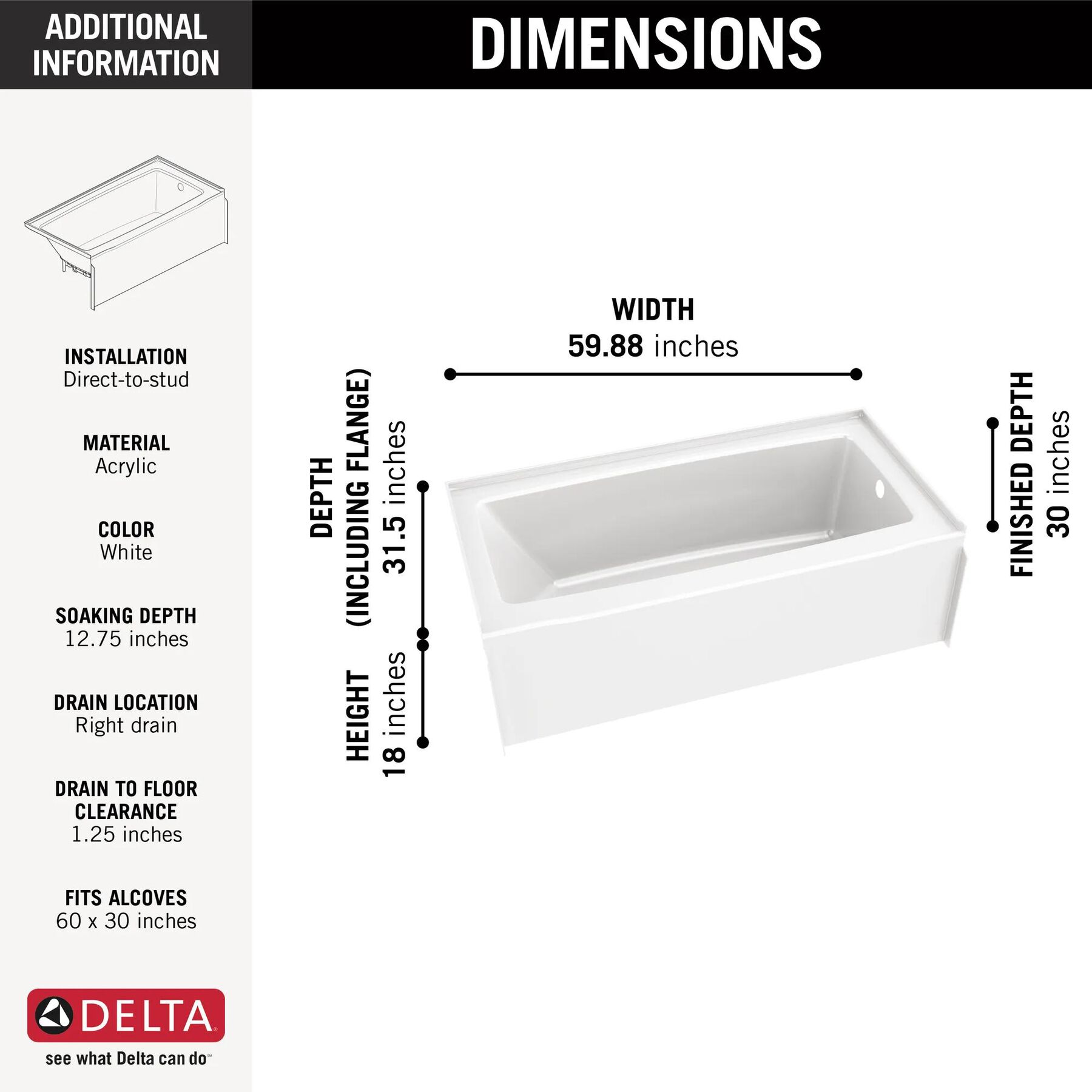 EverEdge Bathtub 60"x30" Right Drain