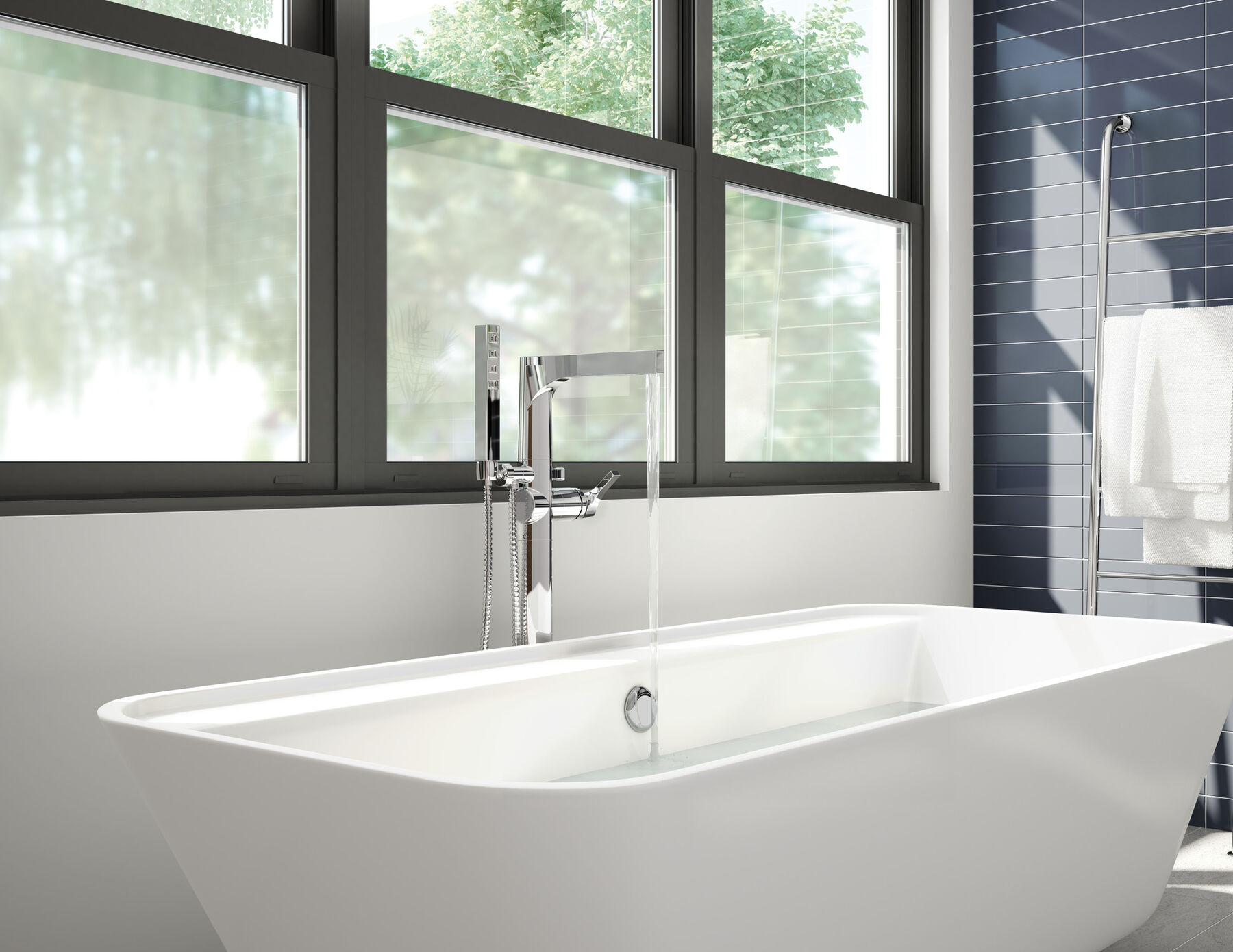 Single Handle Floor Mount Tub Filler Trim with Hand Shower