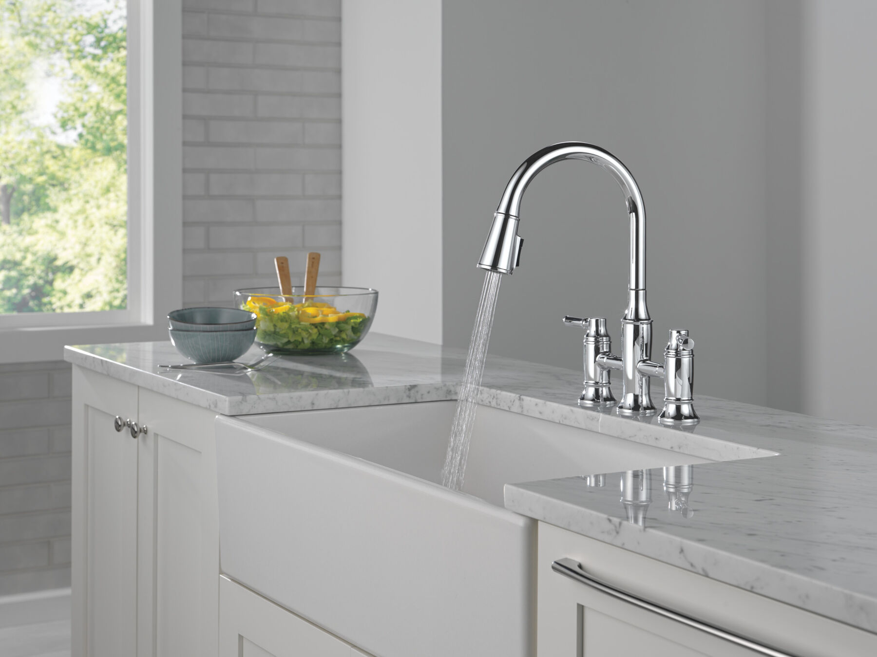Two Handle Pull-Down Bridge Kitchen Faucet