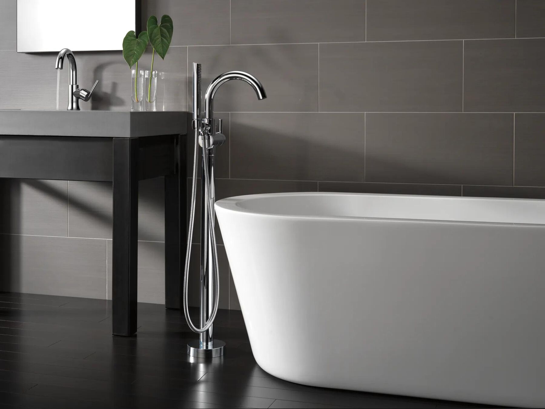Single Handle Floor Mount Tub Filler Trim with Hand Shower