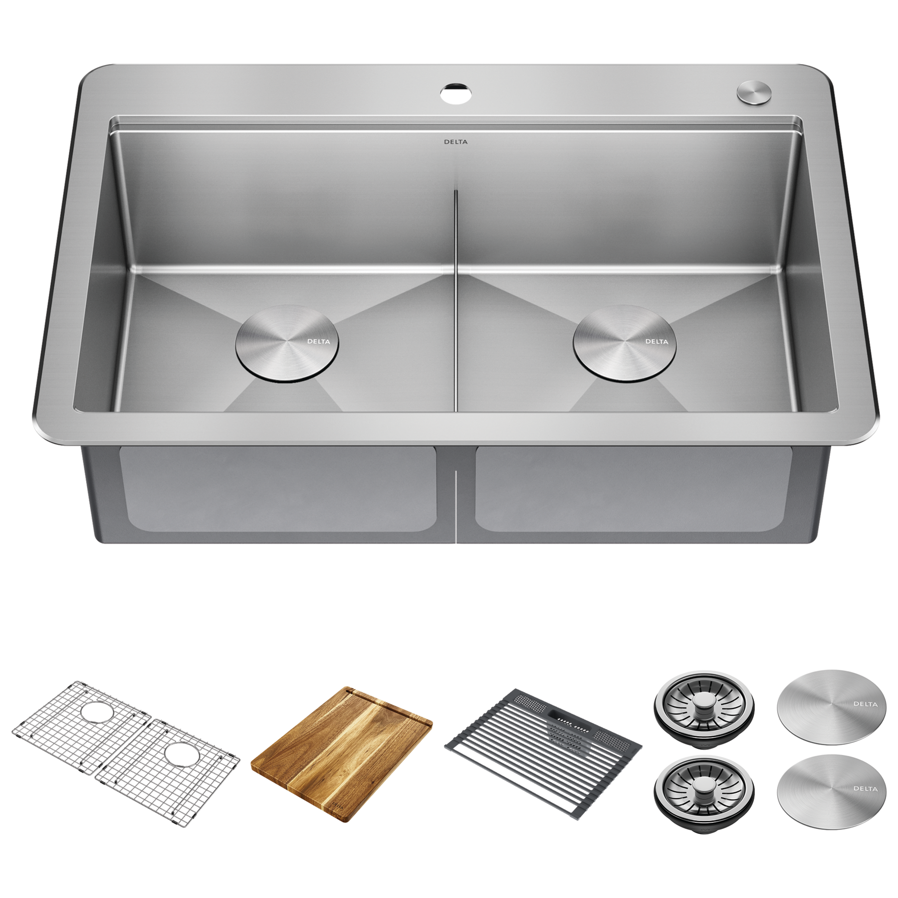 33&rdquo; Workstation&nbsp;Drop-In Top Mount&nbsp;Double&nbsp;Bowl&nbsp;16 Gauge Stainless Steel&nbsp;Kitchen Sink&nbsp;with&nbsp;WorkFlow&trade; Ledge and Accessories