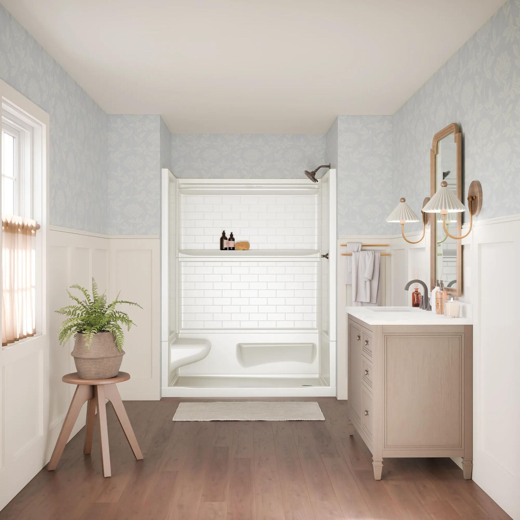 60x32 Alcove Shower Base with Tile Wall Bundle  - Left Seat Right Drain